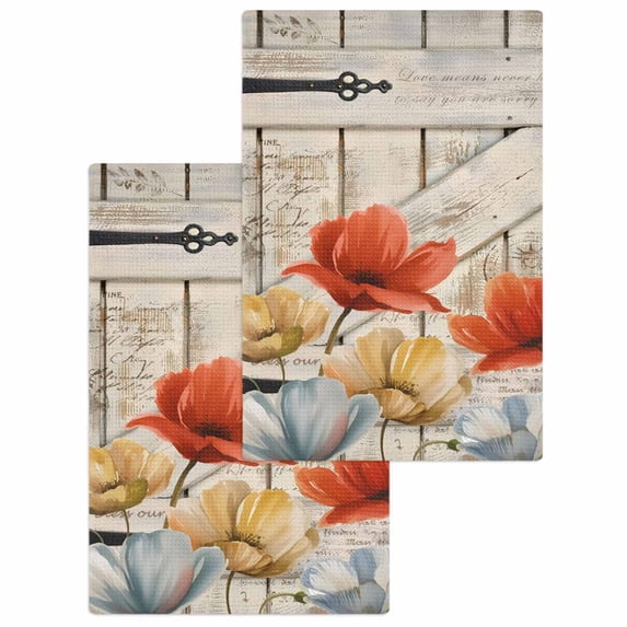Retro Floral Kitchen Dish Towels for Drying Dishes Set of 2, Red Yellow Tulips Barm Doors Farmhouse Wooden Waffle Weave Microfiber Hand Tea Bathroom Towels Quick Dry & Absorbent Towel 15.7x23.6