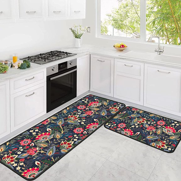 Retro Floral Kitchen Rugs and Mats Anti Fatigue, Flower Kitchen Mat Cushioned Anti Fatigue 2 Piece Set and Black kitchen floor mat for in front of sink for Home Kitchen Decor or Office 17"x30"+17"x47"