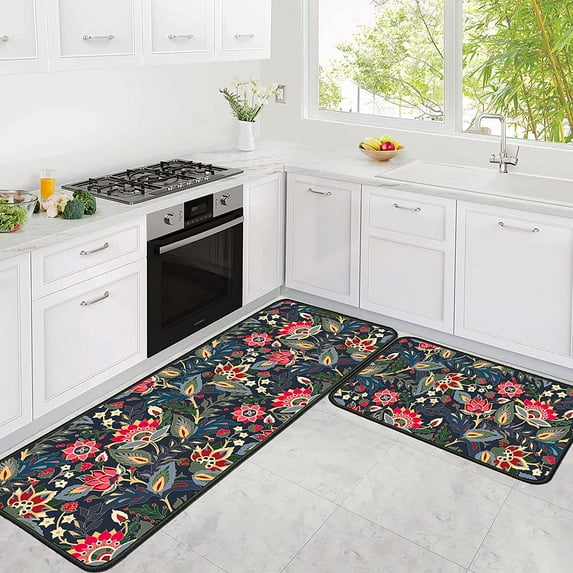 Retro Floral Kitchen Rugs and Mats Anti Fatigue, Flower Kitchen Mat Cushioned Anti Fatigue 2 Piece Set and Black kitchen floor mat for in front of sink for Home Kitchen Decor or Office 17"x30"+17"x47"