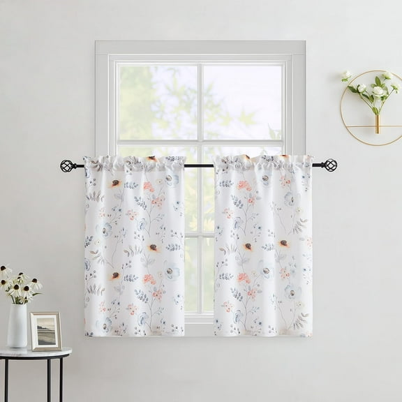 Retro Floral Kitchen Tiers 24 Inches Long Semi Sheer Farmhouse Colorful Boho Botanical Small Cafe Tiers Flower Leaf Pattern for Kitchen Bedroom Living Room,28" Wx24 Lx2