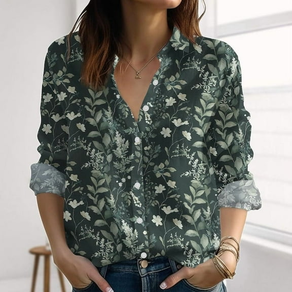 Retro Floral Linen-Look Shirt, Nature Love Blouse Shirt, Gardening Casual Tops, Flower Leaf Button Shirt For Women, Summer Gifts