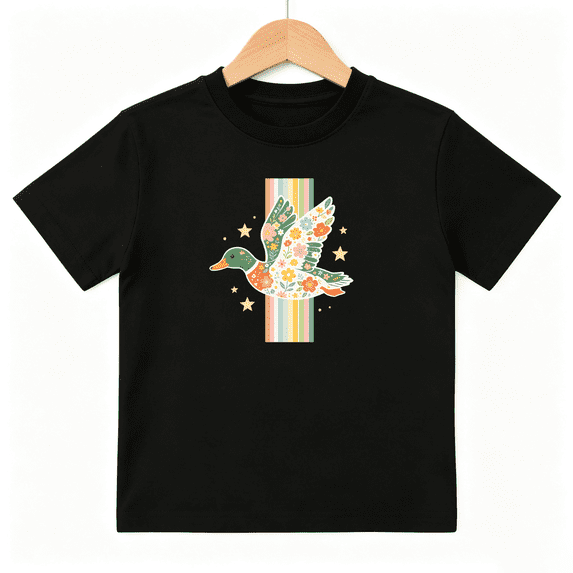 Retro Floral Mallard Duck Girls Graphic Tee, Cute Boho Rainbow 100% Cotton Kids Short Sleeve T-Shirt