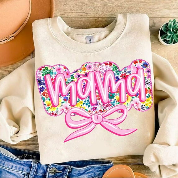 Retro Floral Mama Sweatshirt, Coquette Wildflowers Mom Life Crewneck, Pink Checkered Mother's Day Sweater
