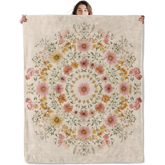 Retro Floral Mandala Throw Blanket Soft Cozy Lightweight Flannel Blankets with Boho Botanical Flower Printed for Women Nature Lovers Bedroom Dorm Office Vintage Decor Gifts 60x80 Inch