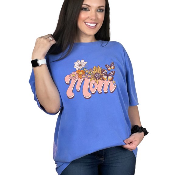 Retro Floral Mom & Butterflies Art, Mother's Day, Flo Blue Comfort Colors T-Shirt, Medium