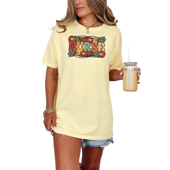 Retro Floral Nurse Design for Women, Butter Comfort Colors T-Shirt, Small