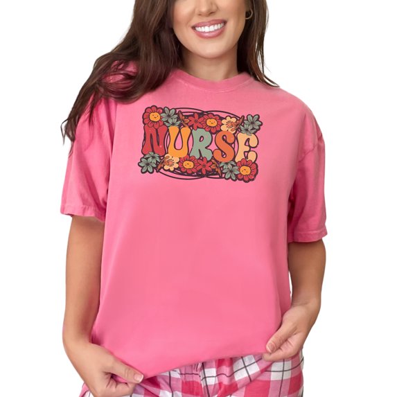 Retro Floral Nurse Design for Women, Crunchberry Comfort Colors T-Shirt, 3XL