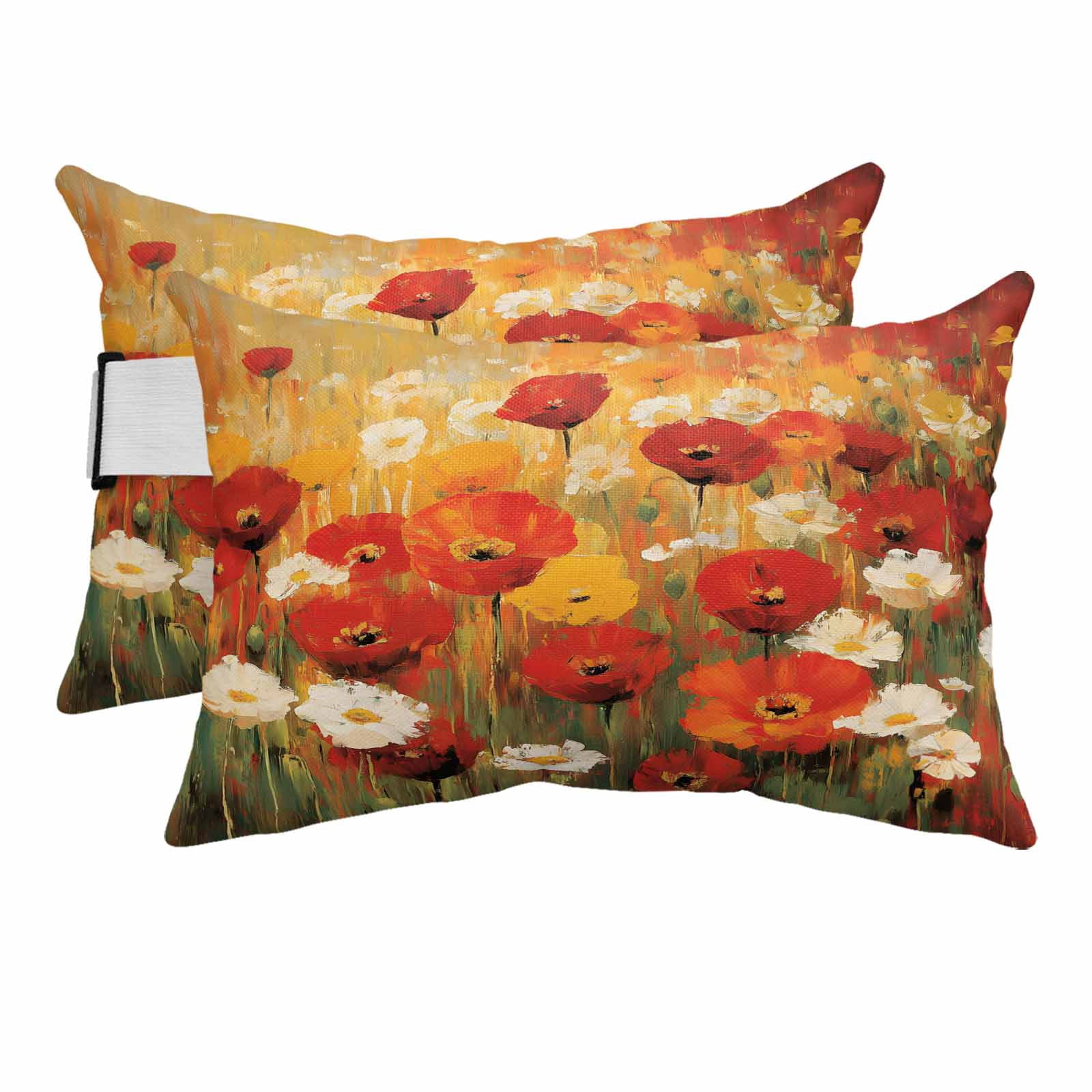 Retro Floral Outdoor Chaise Lounge Pillows Red White Poppy Flowers Lawn Oil Painting Lumbar Pillows with Insert Adjustable Elastic Strap Headrest Pillow for Recliner Patio Chair 2 Pack 11x16 Inch