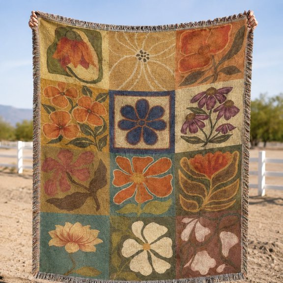 Retro Floral Patchwork Woven Cotton Throw Blanket with Fringe – 3 Sizes