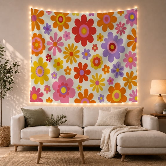 Retro Floral Pattern With Bright Daisy Blooms, Playful Vintage Style for Flower Lovers, Botanical Wall Art, Mother's Day Gift, Tapestry Wall Hanging for Bedroom and Living Room
