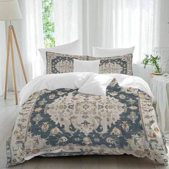 Retro Floral Pattern Duvet Cover Set Queen Size, Bohemian Style Traditional Flower 4 Piece Soft Microfiber Bedding Set with 1 Duvet Cover, 1 Flat Sheet, 2 Pillowcases