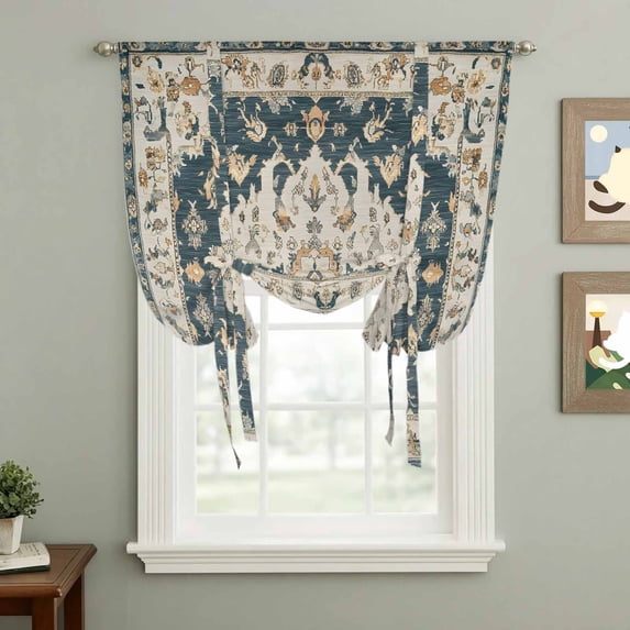 Retro Floral Pattern Tie Up Curtain 45 Inches Long, Bohemian Style Traditional Flower Balloon Style Kitchen Window Curtain Over Sink, Small Window Rod Pocket Curtain 42"x45"