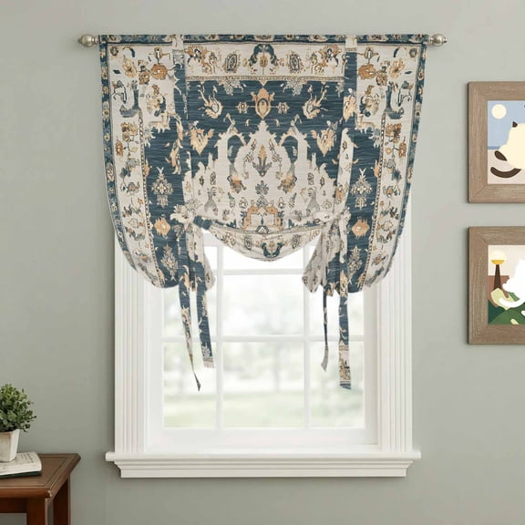 Retro Floral Pattern Tie Up Curtain 54 Inches Long, Bohemian Style Traditional Flower Balloon Style Kitchen Window Curtain Over Sink, Small Window Rod Pocket Curtain 42"x54"