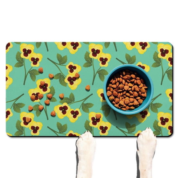 Retro Floral Pet Food Mat - Boho Watercolor Flower Pattern, Waterproof Dog Bowl Mat for Messy Eaters, Large Size 18x12 Inches