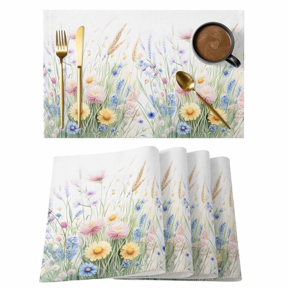 Retro Floral Placemats Set of 2, Watercolor Colorful Rustic Wild Flowers Plant Non-Slip Place Mats Washable Table Mats for Kitchen Dining Table Decorations Indoor/Outdoor