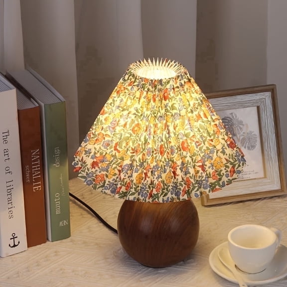 Retro Floral Pleated Fabric Table Lamp with Ceramic Base, Three Adjustable Color Temperatures (2000k/4000k/6000k), Simple Retro-Style Led Light, Table Lamps for Bedroom, Living Room and Office