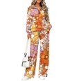 thumbnail image 1 of Retro Floral Print 2 Piece Outfits for Women Half Zip Stand Collar Sweatshirt Wide Leg Pants with Pockets Loose Fit Tracksuit Fall Travel Vacation Loungewear Set, 4XL, 1 of 9