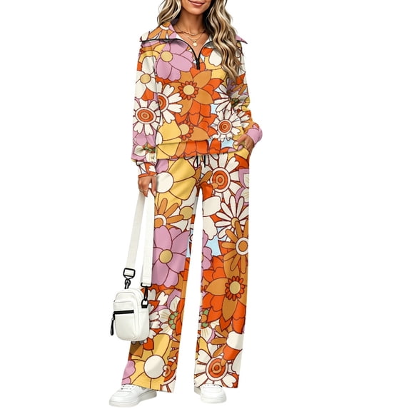Retro Floral Print 2 Piece Outfits for Women Half Zip Stand Collar Sweatshirt Wide Leg Pants with Pockets Loose Fit Tracksuit Fall Travel Vacation Loungewear Set, 4XL