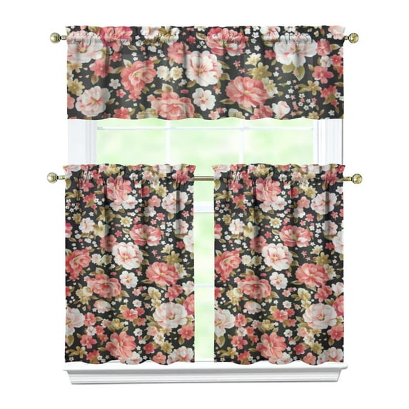 Retro Floral Print Kitchen Curtains Set - Vintage Botanical Rod Pocket Tier Window Treatment
