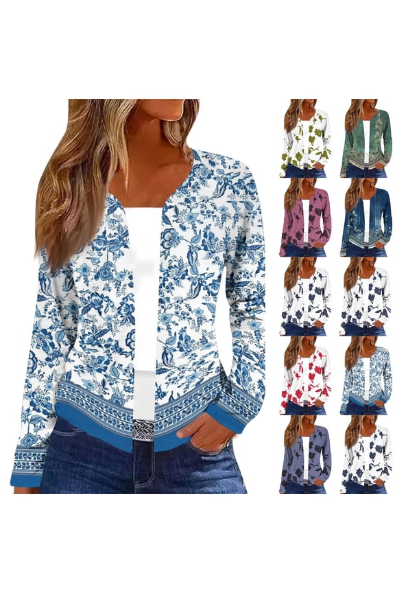 Retro Floral Print Open Front Cardigan for Women, Lightweight Long Sleeve Boho Knit Jacket with Ribbed Hem - Soft Casual Drapey Top Royal Blue M