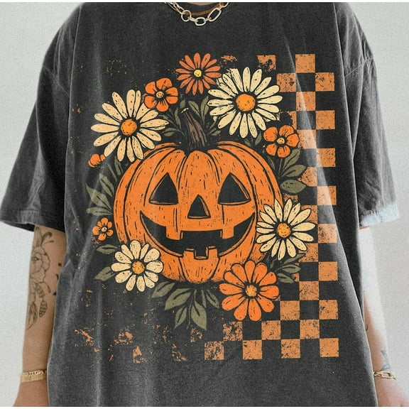 Retro Floral Pumpkin Shirt, Funny Preppy Halloween Shirt, Spooky Season Tee, Checkered Pumpkin Fall Shirt, Cute Halloween Graphic Shirt