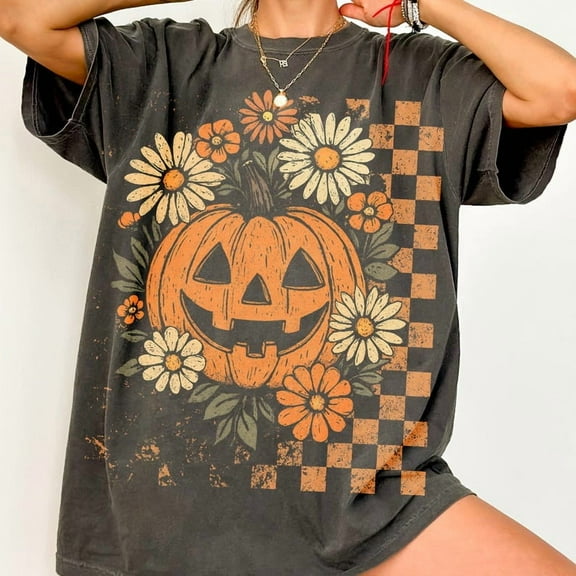 Retro Floral Pumpkin Shirt, Funny Pumpkin Halloween Shirt, Preppy Halloween Shirt, Halloween Pumpkin Shirt, Spooky Season, Checkered Shirt