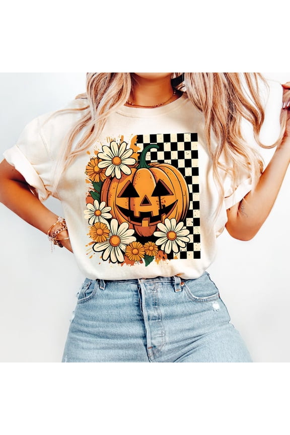 Retro Floral Pumpkin T-Shirt, Vintage Halloween Aesthetic, Preppy Women's Halloween Shirt, Boho Halloween Graphic Tee