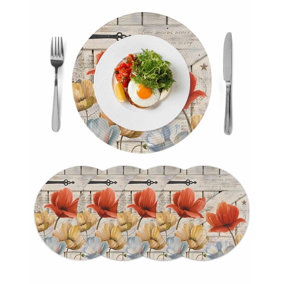 Retro Floral Round 15 Inch Placemats Set of 4, Red Yellow Tulips Barm Doors Farmhouse Wooden HeatResistant Non Slip Place Mats for Dining Table, Wipeable Braided Kitchen Table Mats for Housewarming