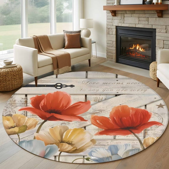 Retro Floral Round Area Rug 7Ft Washable Circle Rugs for Dorm Laundry Room, Red Yellow Tulips Barm Doors Farmhouse Wooden Non-Slip Carpet Floor Mats Indoor Outdoor Carpet Runner Aesthetic Home Decor