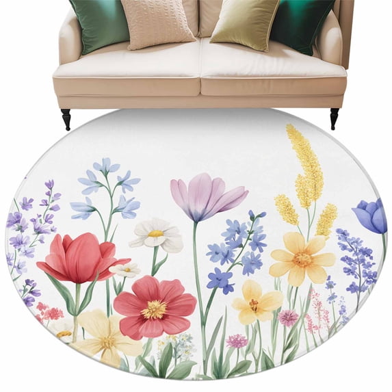 Retro Floral Round Area Rug 5ft Watercolor Colorful Rustic Wild Flowers Green Leaf Plant Non-Slip Washable Circle Rugs Soft Felt Indoor Floor Mat for Bedroom Kitchen Living Room Bathroom