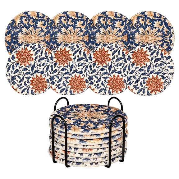 Retro Floral Round Cotton Coasters Set of 6 with Storage Rack – Heat & Moisture Resistant Table Protector for Kitchen, Dining Room, Coffee Table – Polyester Fabric, OEKO-TEX Certified