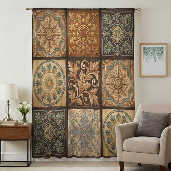 Retro Floral Sheer Curtains 108" Extra Long for Living Room, Boho Ethnic Tribal Geometric Rustic Patchwork Light Filtering Privacy Drapes, Semi Sheer Window Treatment for Floor to Ceiling Window