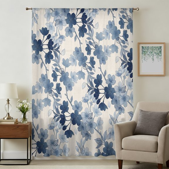 Retro Floral Sheer Curtains 45 Inches Long for Bedroom, Rustic Botanical Flowers Blossom Blue Light Filtering Privacy Drapes, Breathable Semi Sheer Short Window Treatment for Kitchen Cafe Bathroom