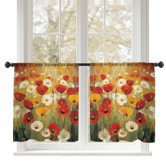 Retro Floral Sheer Curtains 45 inches Long 2 Panels Set Red White Yellow Poppy Flowers Oil Painting Tiers Sheers Rod Pocket Small Window Short Curtains for Kitchen Cafe, Each 52" W x 45" L