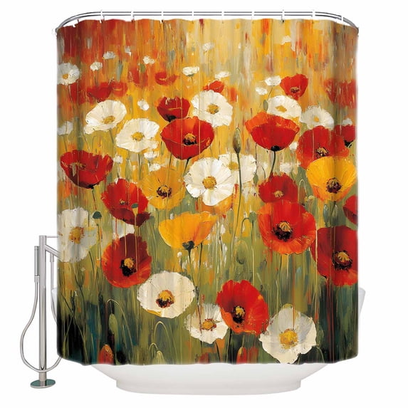 Retro Floral Shower Curtain, 72" x 72", Red White Yellow Poppy Flowers Oil Painting Waterproof Bathroom Curtain Washable Shower Curtain Set with 12 Hooks