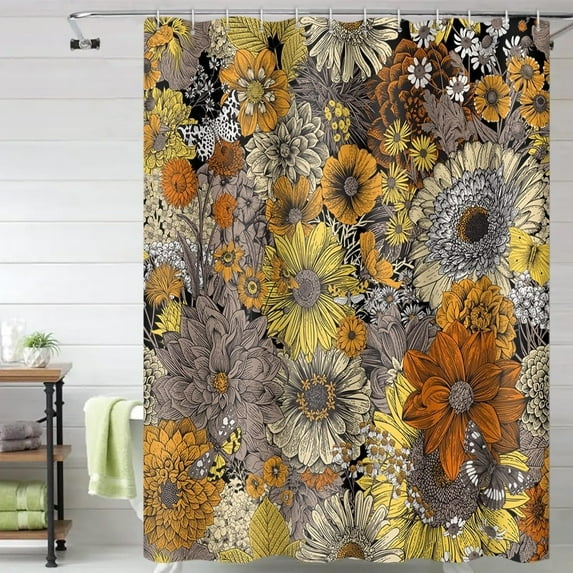 Retro Floral Shower Curtain Boho Vintage Daisy Flowers Modern Aesthetic Hand Drawn Painting Shower Curtains for Bathroom Bathtubs Decor Washable Durable Polyester Fabric 72x72 Inch with Hooks
