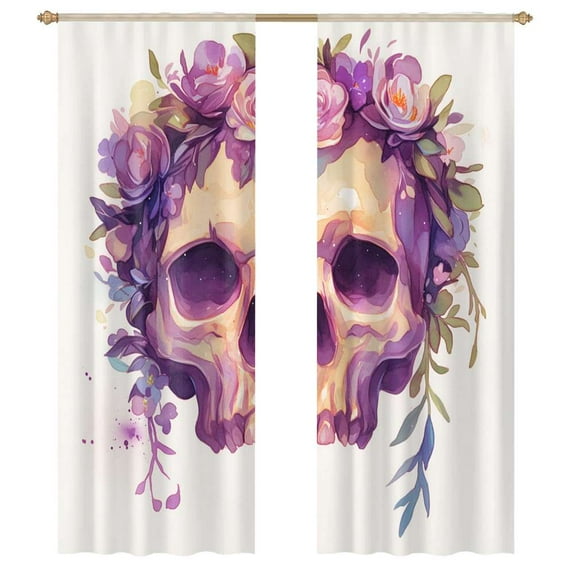 Retro Floral Skull Watercolor Modern Tulle Window Curtains for Living Room Luxury Bedroom Kitchen Curtains