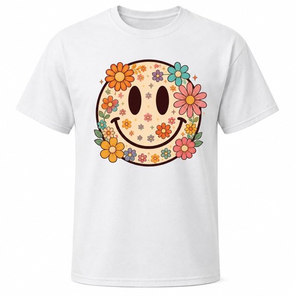 Retro Floral Smiley Face Graphic T-Shirt, Unisex Classic Fit Tee