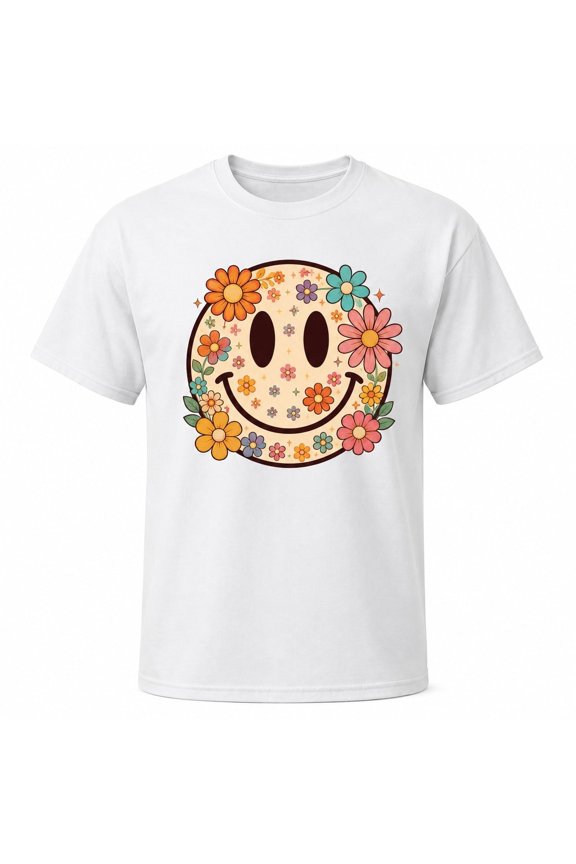 Retro Floral Smiley Face Graphic T-Shirt, Unisex Classic Fit Tee