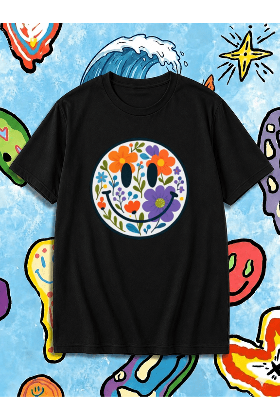 Retro Floral Smiley Face T-Shirt - Happy Boho Flower Graphic Tee, for men & women, S-5XL
