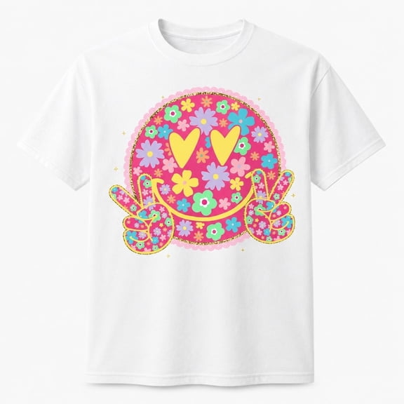 Retro Floral Smiley Peace Graphic T-Shirt, Unisex Classic Fit Tee
