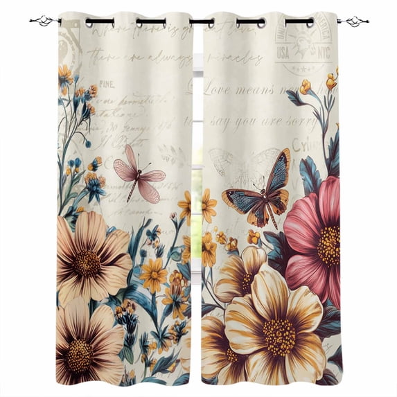 Retro Floral Spring Blackout Curtains for Bedroom/Living Room, Thermal Insulated Kitchen Curtains, Butterfly Summer Botanical Grommet Darkening Window Treatment Drapes 42"x63"x2