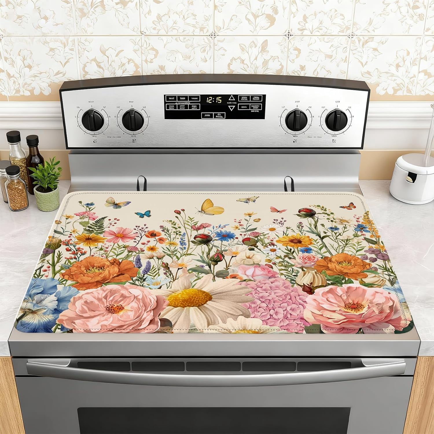 Retro Floral Stove Top Cover for Electric Stove 28"x20" - Wild Flowers Stove top Cover, Floral Heat Resistant Glass Cooktop Cover, Flat Range Stovetop Protector, Dish Drying Mat for Kitchen