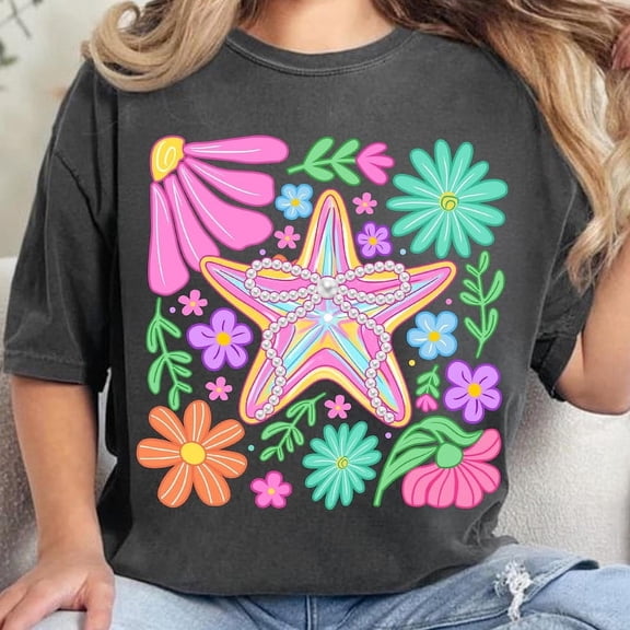 Retro Floral Summer T-shirt, Preppy Starfish T-shirt, Ocean T-shirt, Summer Vibes T-shirt, Girly Summer T-shirt, Beach T-shirt, Summer Coquette T-shirt, Starfish T-shirt