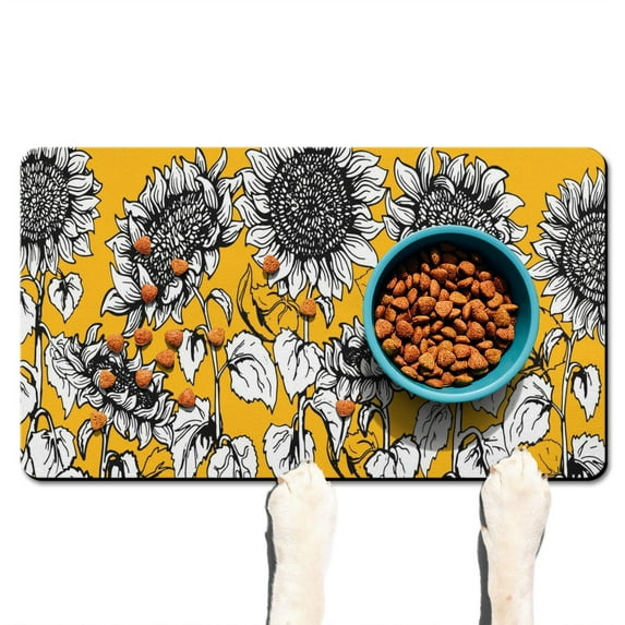 Retro Floral Sunflower Dog Mat - Waterproof Pet Bowl Mat with Boho Wildflower Aesthetic, Easy Clean