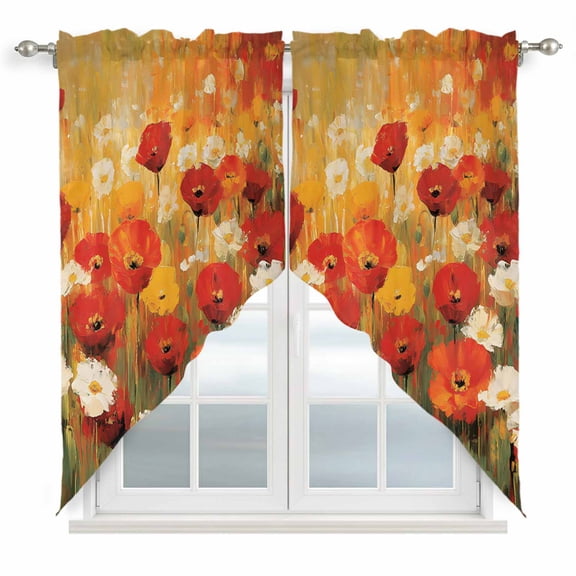 Retro Floral Swag Valances for Windows 2 Pack Red White Poppy Flowers Lawn Oil Painting Swag Kitchen Curtains 36 Inches Long Rod Pocket Short Window Treatment for Kitchen Bathroom 36"x36"
