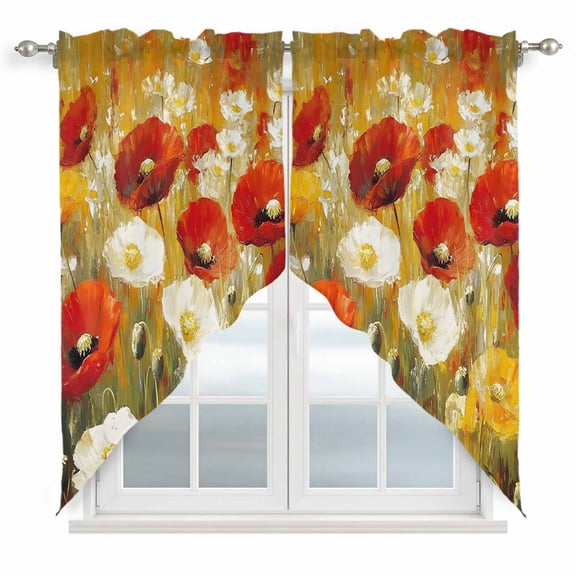 Retro Floral Swag Valances for Windows 2 Pack Red White Yellow Poppy Lawn Oil Painting Swag Kitchen Curtains 36 Inches Long Rod Pocket Short Window Treatment for Kitchen Bathroom 36"x36"