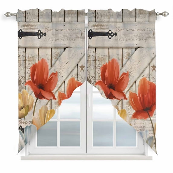 Retro Floral Swag Valances for Windows, Kitchen Curtains 36 Inch Length 2 Panels Set, Red Yellow Tulips Barm Doors Farmhouse Wooden Short Curtains for Small Windows Rod Pocket Cafe Curtains 28"x36"