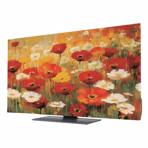 Retro Floral TV Dust Cover 24 Inch, Red White Poppy Flowers Lawn Oil Painting Computer Monitor Cover Dustproof Stretchable Indoor TV Screen Protector for LED LCD Universal Monitors