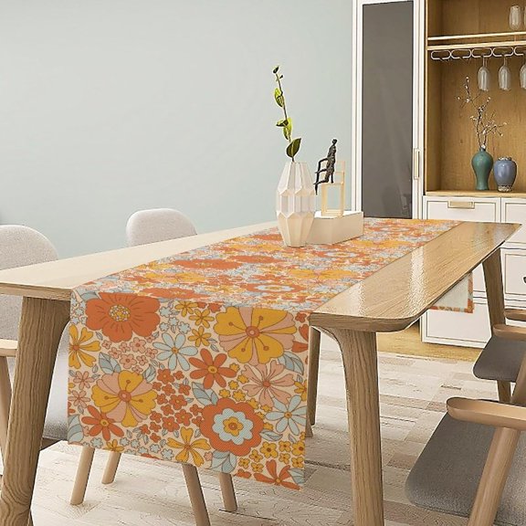 Retro Floral Table Runner, 70s Hippie Summer Groovy Flower Print Table Runner for Holiday Home Picnic Party Wedding Buffet Dining Room Kitchen 13x36 Inch